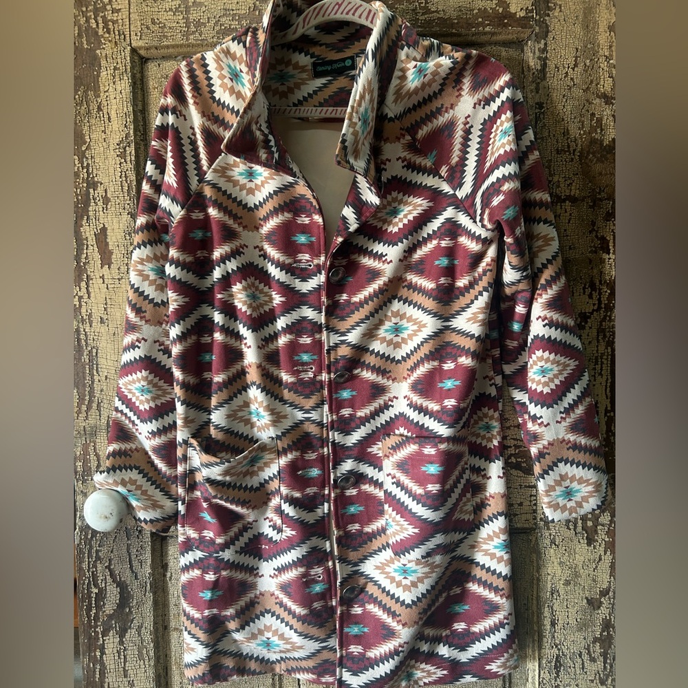 Aztec-Pattern Button Front Coatigan In Burgundy A… - image 1